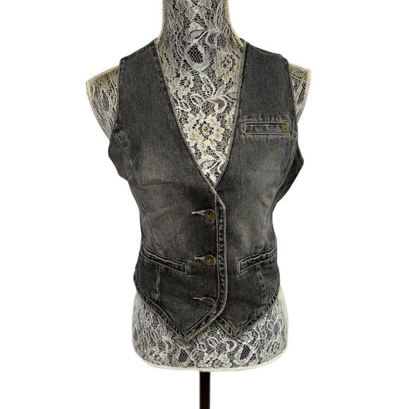 Billabong Jackets & Blazers - Billabong NWT Faded Black Denim Vest Skull Heart Graphic Y2K Layering